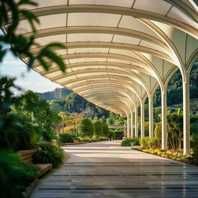 ETFE と PTFE 緊張膜構造 優雅な建築形